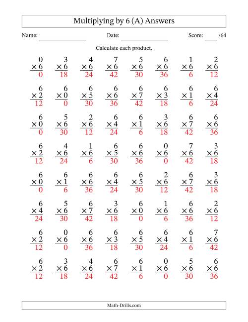 The Multiplying (0 to 7) by 6 (64 Questions) (A) Math Worksheet Page 2