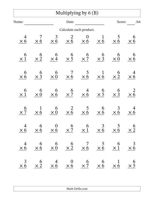 The Multiplying (0 to 7) by 6 (64 Questions) (B) Math Worksheet