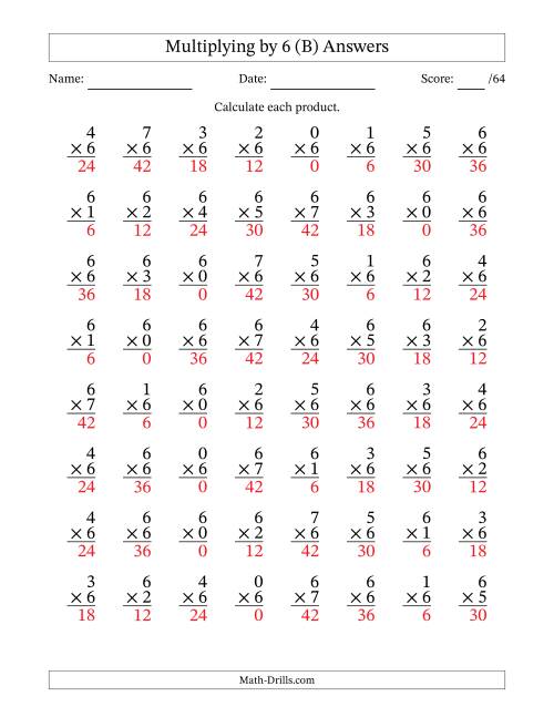 The Multiplying (0 to 7) by 6 (64 Questions) (B) Math Worksheet Page 2