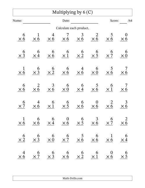 The Multiplying (0 to 7) by 6 (64 Questions) (C) Math Worksheet