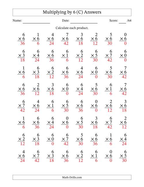The Multiplying (0 to 7) by 6 (64 Questions) (C) Math Worksheet Page 2