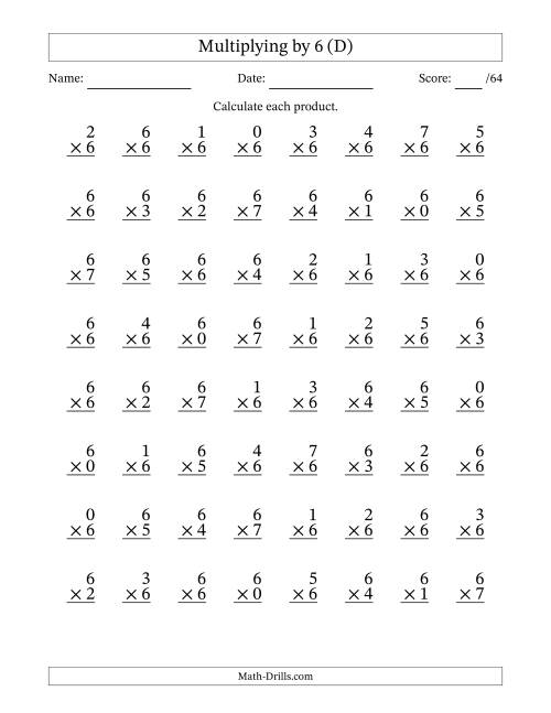 The Multiplying (0 to 7) by 6 (64 Questions) (D) Math Worksheet