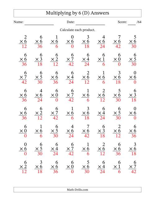 The Multiplying (0 to 7) by 6 (64 Questions) (D) Math Worksheet Page 2