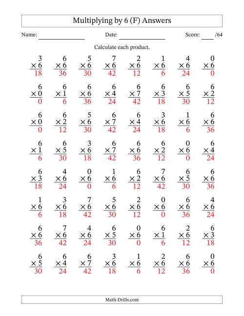 The Multiplying (0 to 7) by 6 (64 Questions) (F) Math Worksheet Page 2