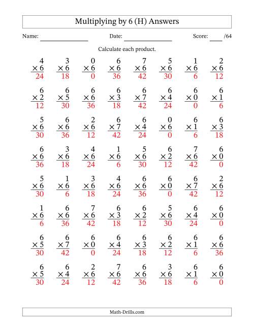 The Multiplying (0 to 7) by 6 (64 Questions) (H) Math Worksheet Page 2