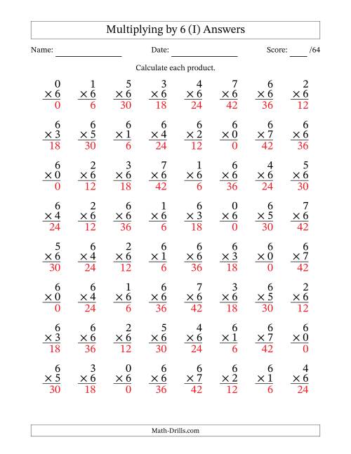 The Multiplying (0 to 7) by 6 (64 Questions) (I) Math Worksheet Page 2