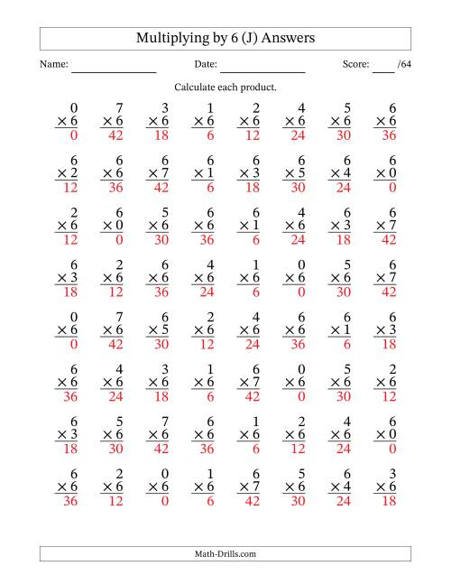 The Multiplying (0 to 7) by 6 (64 Questions) (J) Math Worksheet Page 2