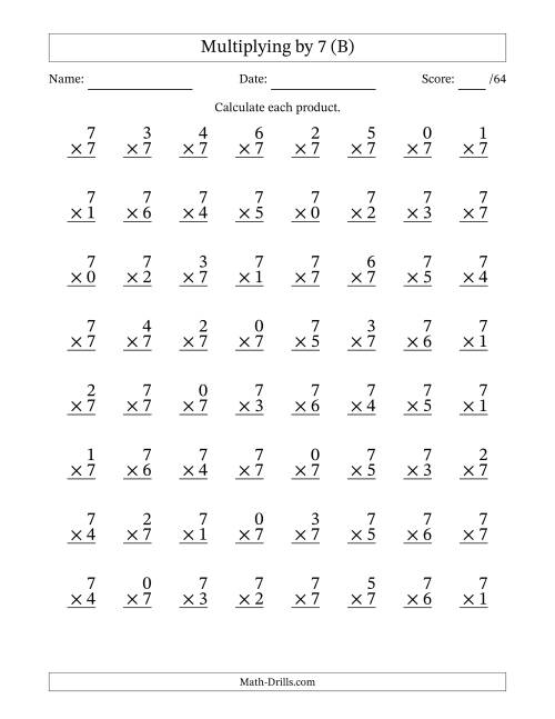 The Multiplying (0 to 7) by 7 (64 Questions) (B) Math Worksheet