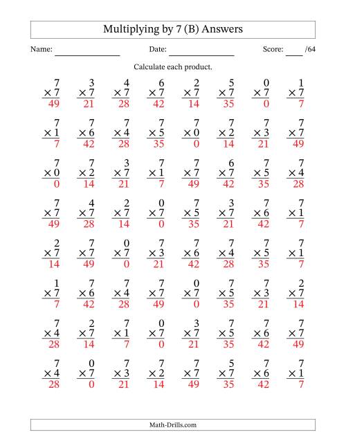 The Multiplying (0 to 7) by 7 (64 Questions) (B) Math Worksheet Page 2