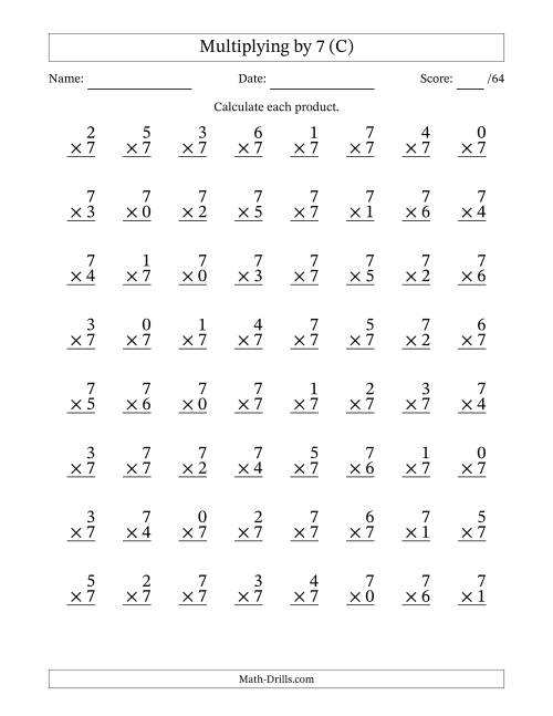 The Multiplying (0 to 7) by 7 (64 Questions) (C) Math Worksheet