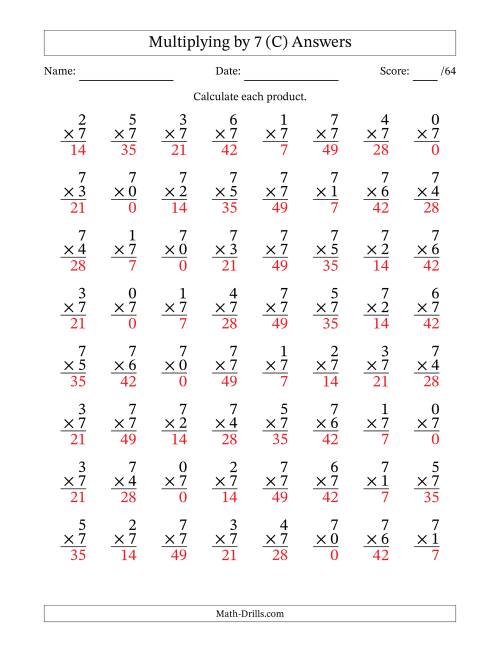 The Multiplying (0 to 7) by 7 (64 Questions) (C) Math Worksheet Page 2