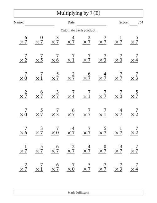 The Multiplying (0 to 7) by 7 (64 Questions) (E) Math Worksheet