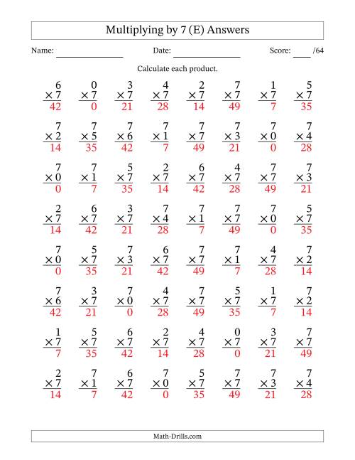 The Multiplying (0 to 7) by 7 (64 Questions) (E) Math Worksheet Page 2