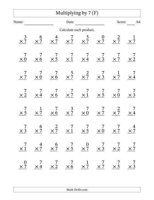 The Multiplying (0 to 7) by 7 (64 Questions) (F) Math Worksheet