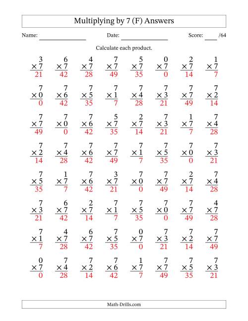 The Multiplying (0 to 7) by 7 (64 Questions) (F) Math Worksheet Page 2