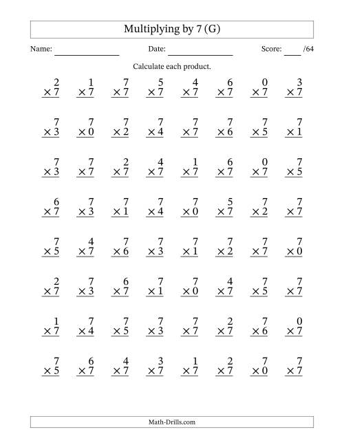 The Multiplying (0 to 7) by 7 (64 Questions) (G) Math Worksheet