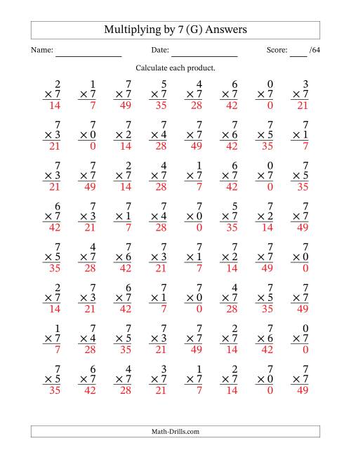 The Multiplying (0 to 7) by 7 (64 Questions) (G) Math Worksheet Page 2