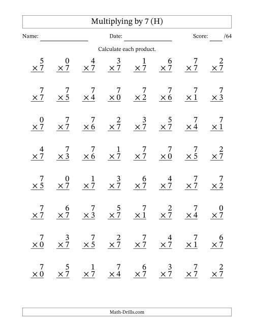 The Multiplying (0 to 7) by 7 (64 Questions) (H) Math Worksheet