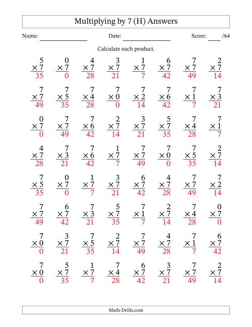 The Multiplying (0 to 7) by 7 (64 Questions) (H) Math Worksheet Page 2