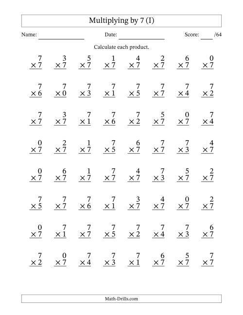 The Multiplying (0 to 7) by 7 (64 Questions) (I) Math Worksheet