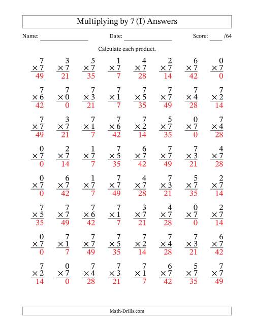 The Multiplying (0 to 7) by 7 (64 Questions) (I) Math Worksheet Page 2