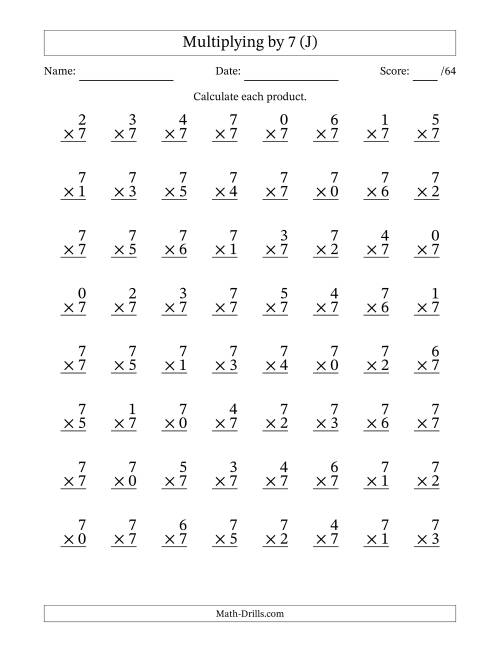The Multiplying (0 to 7) by 7 (64 Questions) (J) Math Worksheet
