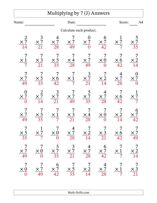The Multiplying (0 to 7) by 7 (64 Questions) (J) Math Worksheet Page 2