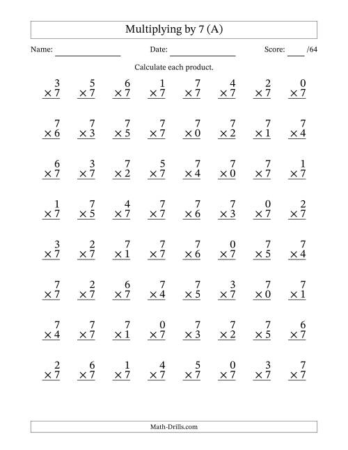 The Multiplying (0 to 7) by 7 (64 Questions) (All) Math Worksheet