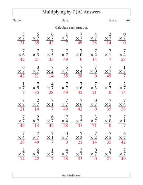 The Multiplying (0 to 7) by 7 (64 Questions) (All) Math Worksheet Page 2