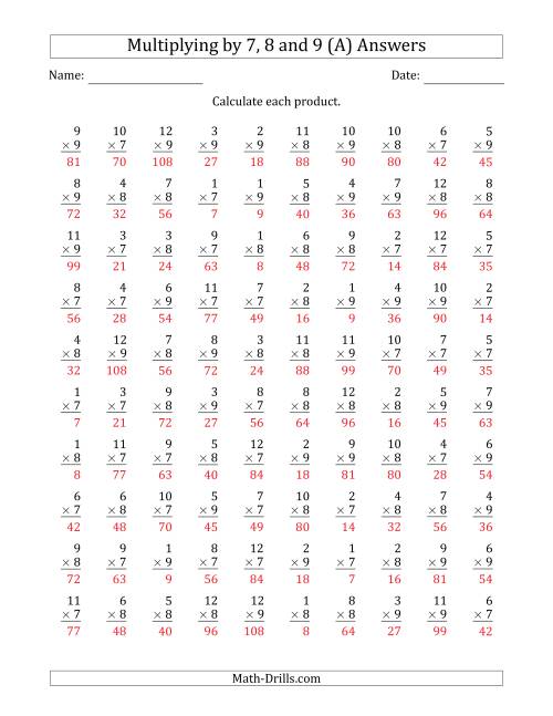 The Multiplying by Anchor Facts 7, 8 and 9 (Other Factor 1 to 12) (A) Math Worksheet Page 2