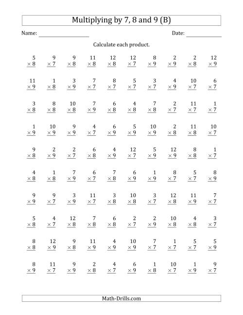 The Multiplying by Anchor Facts 7, 8 and 9 (Other Factor 1 to 12) (B) Math Worksheet