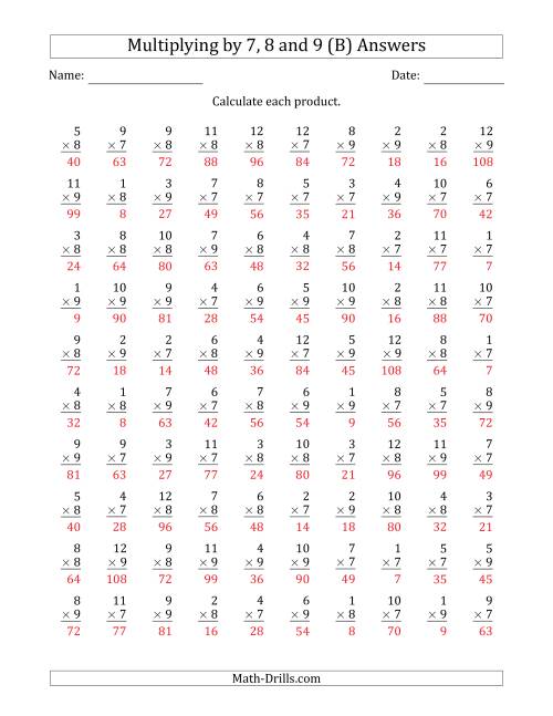 The Multiplying by Anchor Facts 7, 8 and 9 (Other Factor 1 to 12) (B) Math Worksheet Page 2