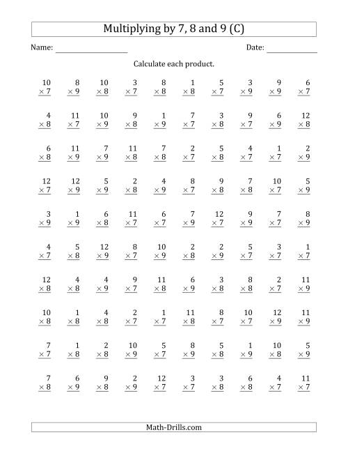 The Multiplying by Anchor Facts 7, 8 and 9 (Other Factor 1 to 12) (C) Math Worksheet