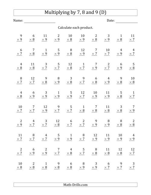 The Multiplying by Anchor Facts 7, 8 and 9 (Other Factor 1 to 12) (D) Math Worksheet