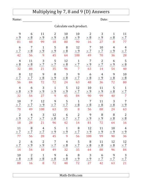 The Multiplying by Anchor Facts 7, 8 and 9 (Other Factor 1 to 12) (D) Math Worksheet Page 2