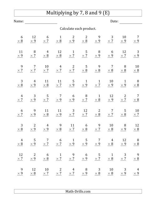 The Multiplying by Anchor Facts 7, 8 and 9 (Other Factor 1 to 12) (E) Math Worksheet