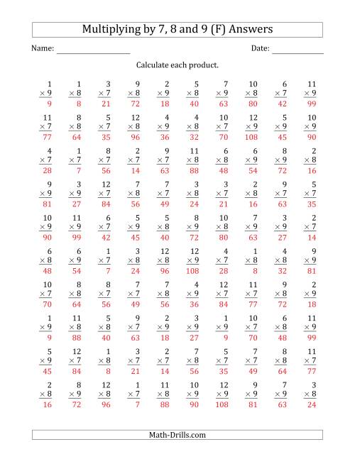 The Multiplying by Anchor Facts 7, 8 and 9 (Other Factor 1 to 12) (F) Math Worksheet Page 2