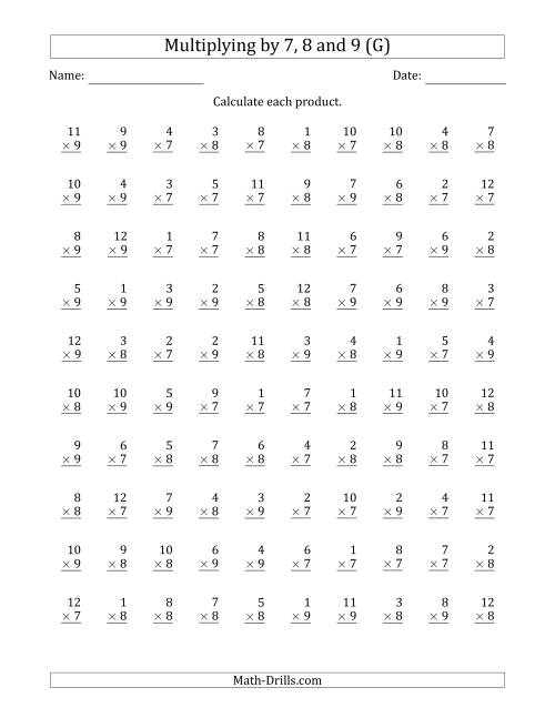 The Multiplying by Anchor Facts 7, 8 and 9 (Other Factor 1 to 12) (G) Math Worksheet