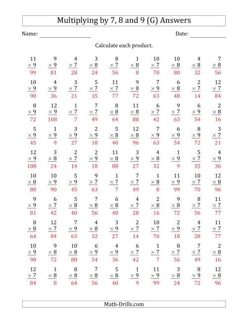 The Multiplying by Anchor Facts 7, 8 and 9 (Other Factor 1 to 12) (G) Math Worksheet Page 2