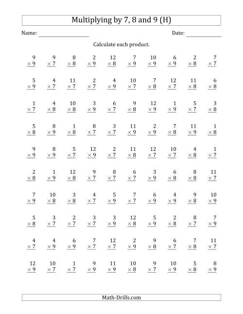 The Multiplying by Anchor Facts 7, 8 and 9 (Other Factor 1 to 12) (H) Math Worksheet