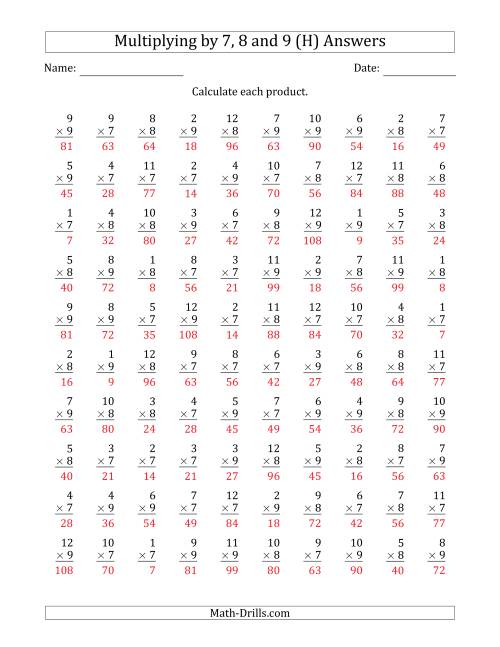 The Multiplying by Anchor Facts 7, 8 and 9 (Other Factor 1 to 12) (H) Math Worksheet Page 2