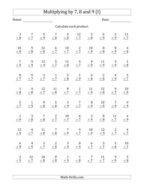 The Multiplying by Anchor Facts 7, 8 and 9 (Other Factor 1 to 12) (I) Math Worksheet