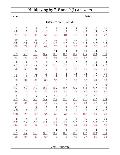 The Multiplying by Anchor Facts 7, 8 and 9 (Other Factor 1 to 12) (I) Math Worksheet Page 2