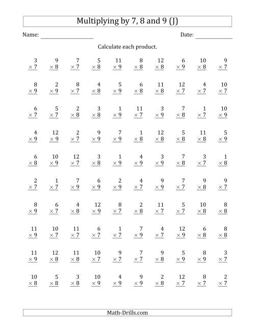 The Multiplying by Anchor Facts 7, 8 and 9 (Other Factor 1 to 12) (J) Math Worksheet