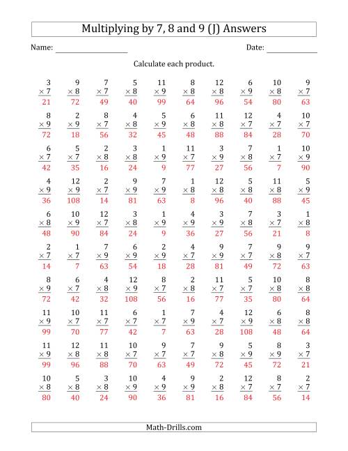The Multiplying by Anchor Facts 7, 8 and 9 (Other Factor 1 to 12) (J) Math Worksheet Page 2