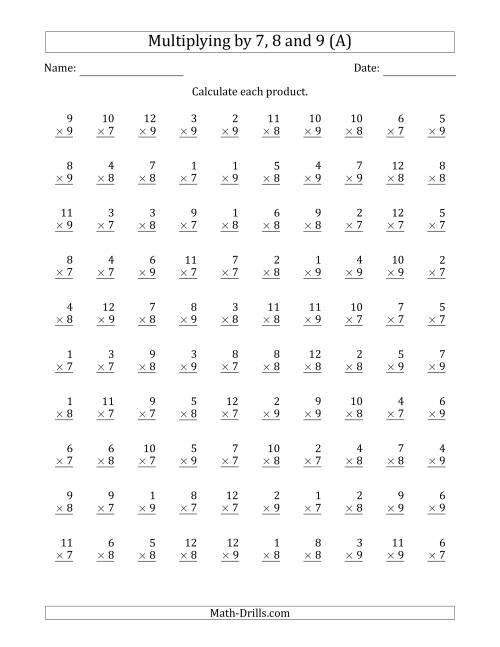 The Multiplying by Anchor Facts 7, 8 and 9 (Other Factor 1 to 12) (All) Math Worksheet