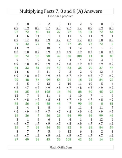 The Multiplying by Facts 7, 8 and 9 (Other Factor 1 to 12) (Old) Math Worksheet Page 2