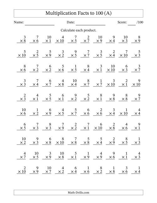 The Multiplication Facts to 100 (100 Questions) (No Zeros) (A) Math Worksheet