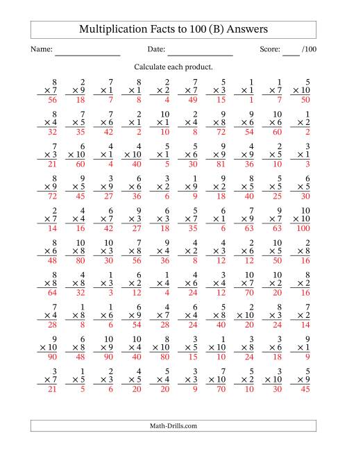 The Multiplication Facts to 100 (100 Questions) (No Zeros) (B) Math Worksheet Page 2