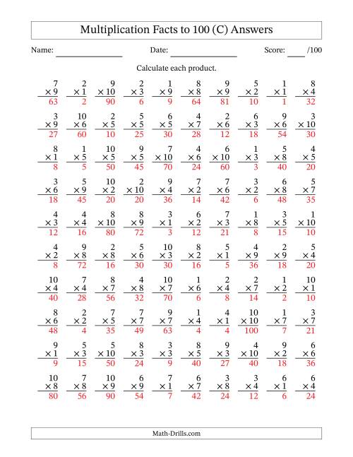 The Multiplication Facts to 100 (100 Questions) (No Zeros) (C) Math Worksheet Page 2